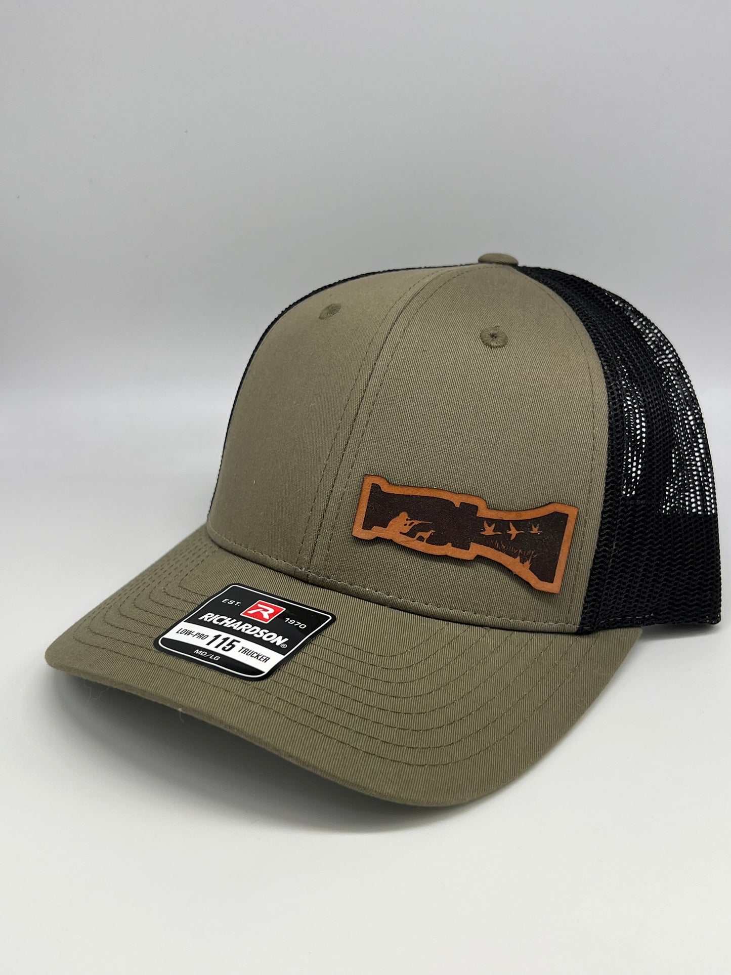 Custom leather patch hat. Duck call hat. Richardson 112. Richardson 115.