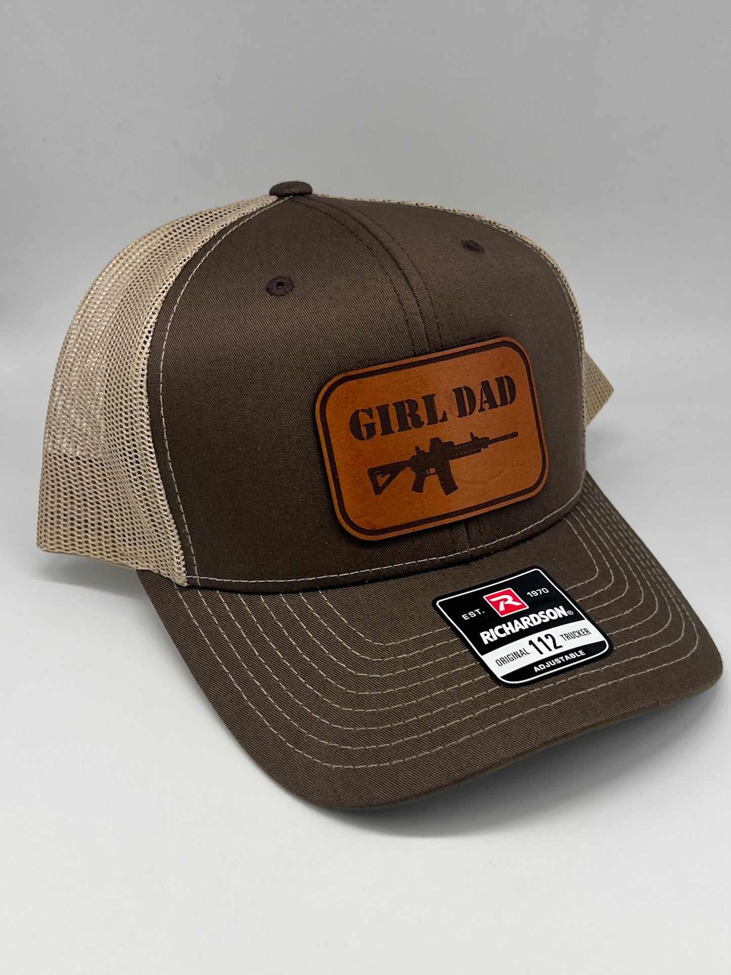 Custom hat.  Girl dad hat.  Leather patch.  Rifle.  Richardson 112.  Richardson 115.  laser engraved.  