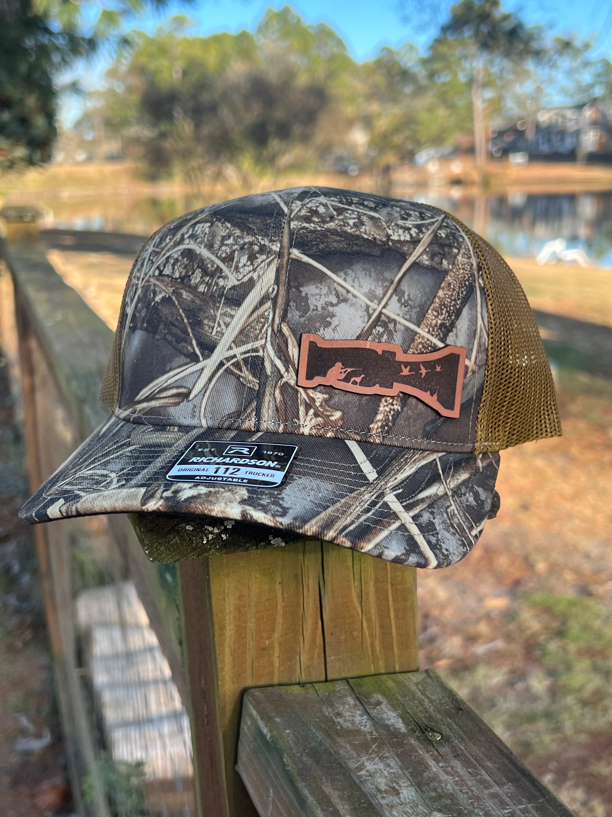 custom hat.  leather patch hat.  duck call.  real tree max 7.  richardson 112.  richardson 115.  camo.  custom.  laser engraved.